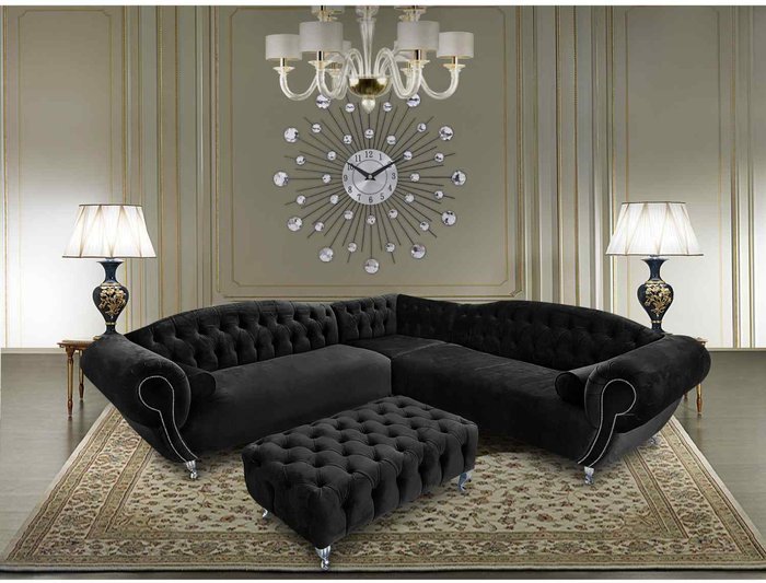 The Range | Simply Eleganza Lavis Corner Sofa with Footstool in Velour Fabric - Black Simply Eleganza Lavis Corner Sofa with Footstool in Velour Fabric - Black