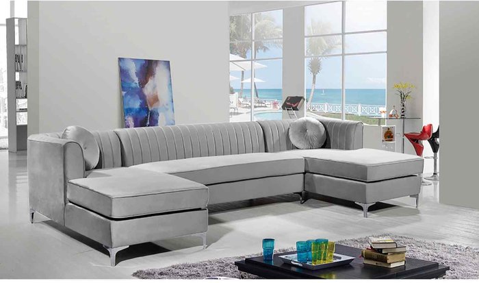 The Range | Simply Eleganza Nora Fixed Back Fluted Large U Shape Sofa - Grey Simply Eleganza Nora Fixed Back Fluted Large U Shape Sofa - Grey