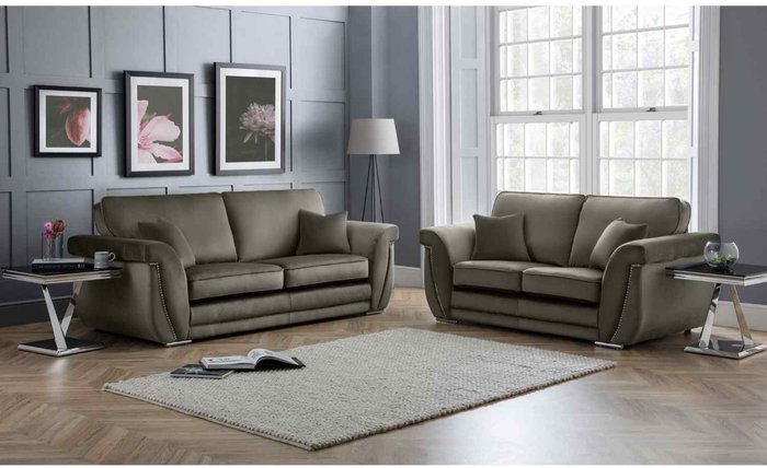 The Range | Simply Eleganza Luca 3 and 2 Seater Full Back Sofa Set Velvet with Beading - Putty Simply Eleganza Luca 3 and 2 Seater Full Back Sofa Set Velvet with Beading - Putty