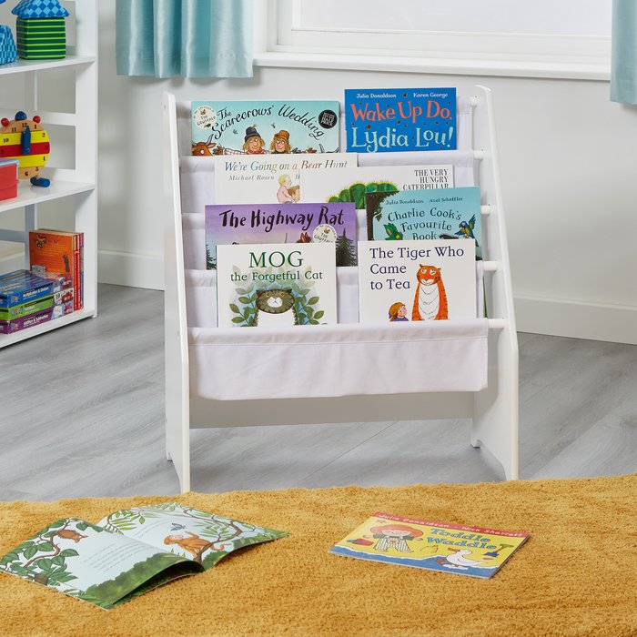The Range | Liberty House Toys Liberty House Toys Kids White Wooden Book Display with Canvas Pockets Liberty House Toys Liberty House Toys Kids White Wooden Book Display with Canvas Pockets