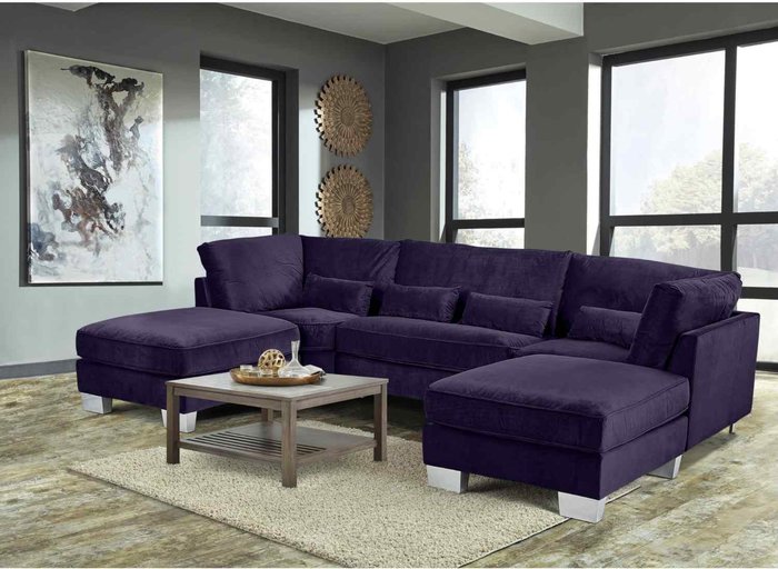 The Range | Simply Eleganza Almora Full Back Corner U Shape Sofa Velour Fabric with 2 Footstools - Purple Simply Eleganza Almora Full Back Corner U Shape Sofa Velour Fabric with 2 Footstools - Purple