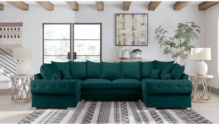 The Range | Simply Eleganza Volvo U Shape Large Sofa Scatterback Velour Velvet Fabric - Green Simply Eleganza Volvo U Shape Large Sofa Scatterback Velour Velvet Fabric - Green