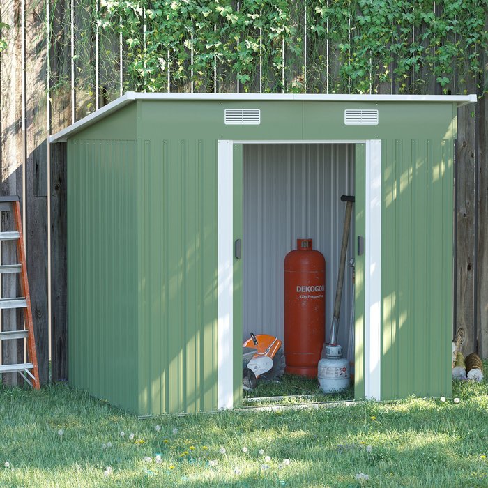 The Range | Outsunny 7 x 4ft Outdoor Garden Storage Shed, Tool Storage Box - Light Green Outsunny 7 x 4ft Outdoor Garden Storage Shed, Tool Storage Box - Light Green