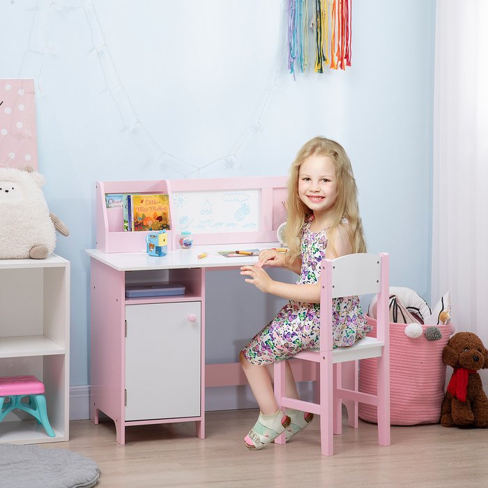 The Range | HOMCOM Kids Table and Chair Set Study Desk with Whiteboard - Pink HOMCOM Kids Table and Chair Set Study Desk with Whiteboard - Pink