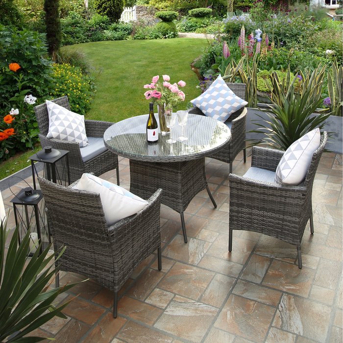 The Range | RayGar Deluxe Rattan 4 Seater Bistro Set with Round Table - Grey RayGar Deluxe Rattan 4 Seater Bistro Set with Round Table - Grey
