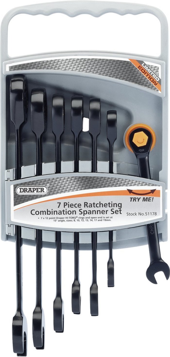 The Range | Draper Draper 7 Piece Hi Torq Ratchet Combination Spanner Set Metric Draper Draper 7 Piece Hi Torq Ratchet Combination Spanner Set Metric