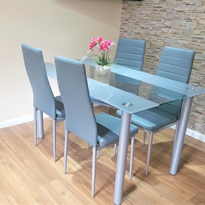 The Range | Kosy Koala Grey Glass Dining Table Set With 4 Chairs - Grey Kosy Koala Grey Glass Dining Table Set With 4 Chairs - Grey