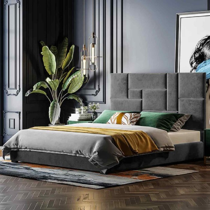 The Range | Conmo Bed Small Double Plush Velvet Grey Conmo Bed Small Double Plush Velvet Grey