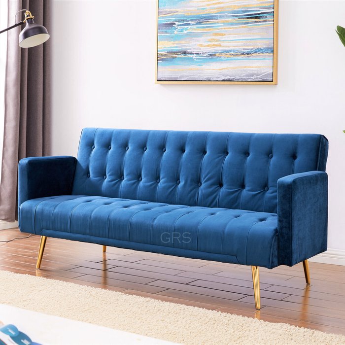 The Range | GRS Molly 3 Seater Velvet Sofa Bed With Metal Legs - Blue GRS Molly 3 Seater Velvet Sofa Bed With Metal Legs - Blue