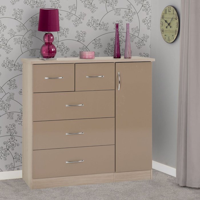 The Range | Seconique Nevada 5 Drawer Low Wardrobe - Oyster Gloss, Light Oak Seconique Nevada 5 Drawer Low Wardrobe - Oyster Gloss, Light Oak
