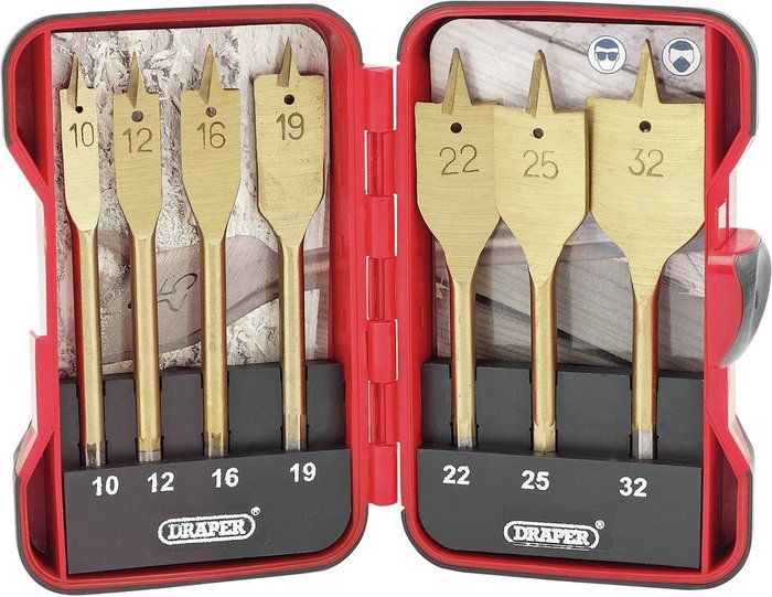 The Range | Draper Draper 7 Piece TiN Coated Flat Wood Drill Bit Set Draper Draper 7 Piece TiN Coated Flat Wood Drill Bit Set