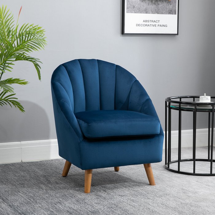 The Range | HOMCOM HOMCOM Shell Back Armchair Vintage Velvet Style Fabric Solid Wood Legs Blue HOMCOM HOMCOM Shell Back Armchair Vintage Velvet Style Fabric Solid Wood Legs Blue