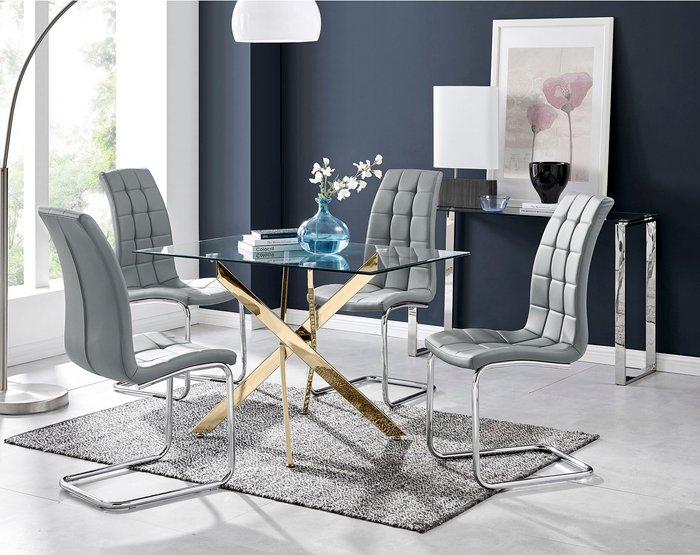 The Range | FurnitureboxUK Leonardo Gold Dining Table With Four Murano Chairs - Grey FurnitureboxUK Leonardo Gold Dining Table With Four Murano Chairs - Grey