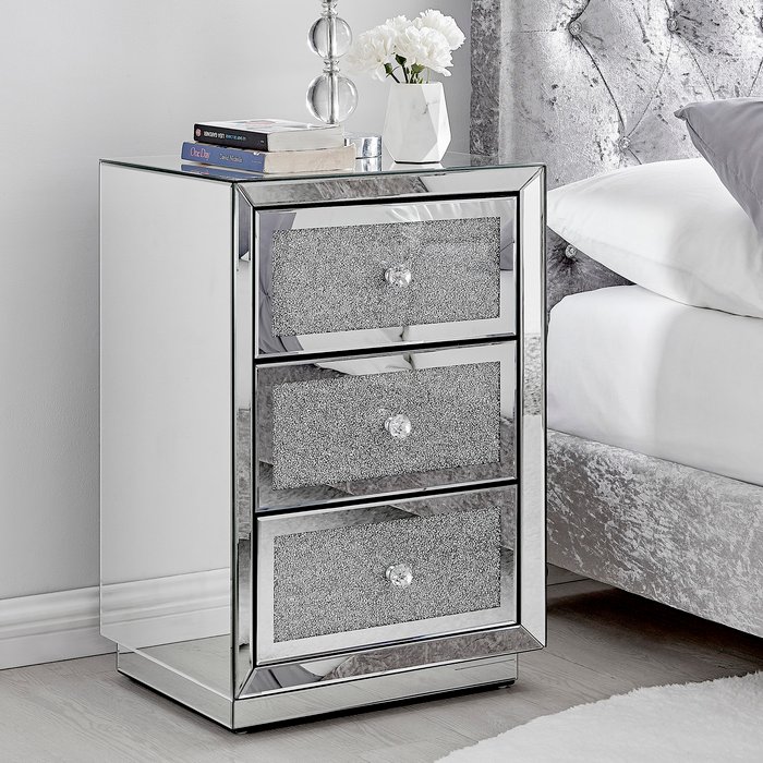 The Range | Furniture Box Furniture Box Stella 3 Drawer Diamond Mirrored Crystal Bedside Table Furniture Box Furniture Box Stella 3 Drawer Diamond Mirrored Crystal Bedside Table