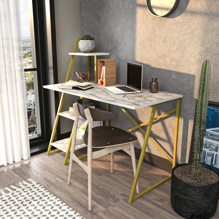 The Range | Decorotika Admira Modern Computer Desk with Ladder Shelves - White Marble Effect&Gold Colour / White Marble Effect Decorotika Admira Modern Computer Desk with Ladder Shelves - White Marble Effect&Gold Colour / White Marble Effect