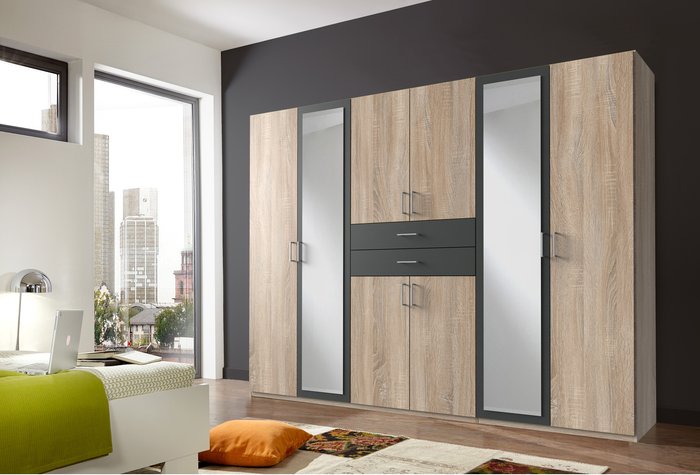The Range | Tjs Diver Oak with Graphite 5 Door Robe Wardrobe - Oak and Graphite Tjs Diver Oak with Graphite 5 Door Robe Wardrobe - Oak and Graphite