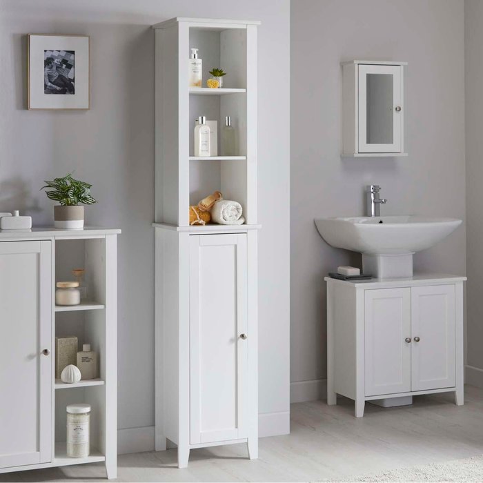 The Range | Marble Effect Bathroom Tallboy Storage Cabinet in White - White Marble Effect Bathroom Tallboy Storage Cabinet in White - White