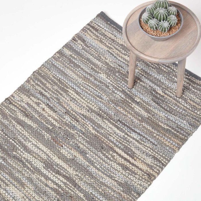 The Range | Homescapes Denver Leather Woven Rug Runner - Grey / 240cm Homescapes Denver Leather Woven Rug Runner - Grey / 240cm