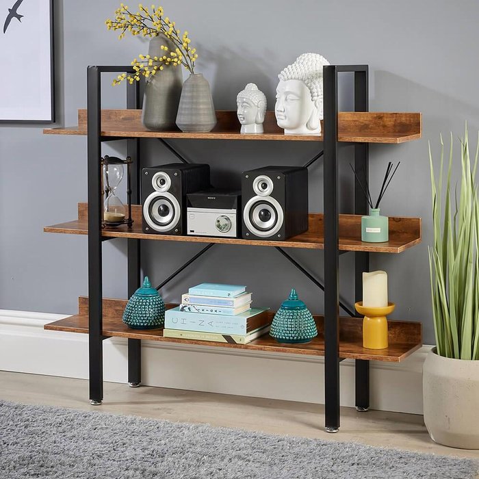 The Range | Home Source Urban 3 Tier Wide Low Ladder Bookcase Shelving Unit - Dark Oak Home Source Urban 3 Tier Wide Low Ladder Bookcase Shelving Unit - Dark Oak