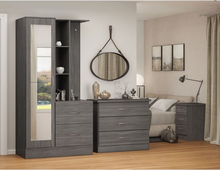 The Range | Seconique Nevada Mirrored Open Shelf Wardrobe - Black Wood Grain / Black Wood Grain Seconique Nevada Mirrored Open Shelf Wardrobe - Black Wood Grain / Black Wood Grain