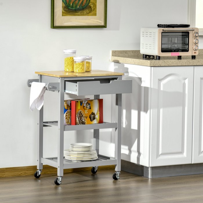 The Range | HOMCOM Kitchen Utility Cart on Wheels with Rubberwood Worktop - Grey HOMCOM Kitchen Utility Cart on Wheels with Rubberwood Worktop - Grey
