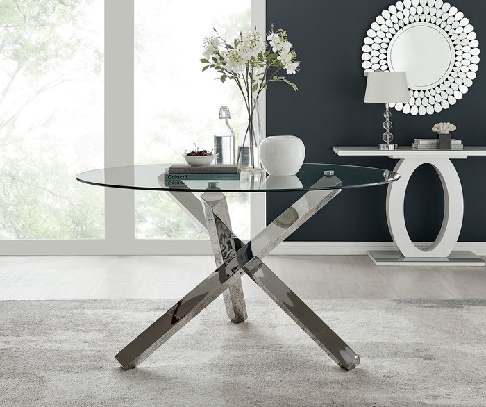 The Range | FurnitureboxUK Vogue Large Round Chrome Metal Clear Glass Dining Table - Grey FurnitureboxUK Vogue Large Round Chrome Metal Clear Glass Dining Table - Grey