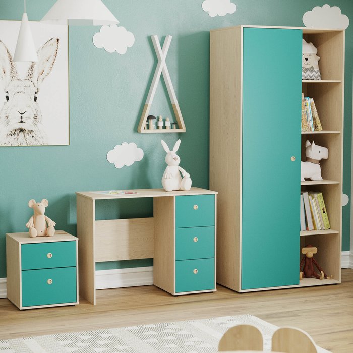 The Range | Neptune 3 Piece Bedroom Set - Desk, 2 Drawer Bedside Cabinet, Wardobe - Blue and Oak Neptune 3 Piece Bedroom Set - Desk, 2 Drawer Bedside Cabinet, Wardobe - Blue and Oak