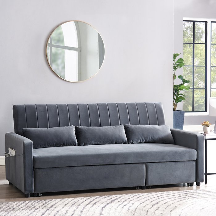 The Range | GRS Cornwall 3 Seater Sofa Bed Storage Chaise Pull Out Fabric - Grey Velvet / Fabric Velvet GRS Cornwall 3 Seater Sofa Bed Storage Chaise Pull Out Fabric - Grey Velvet / Fabric Velvet