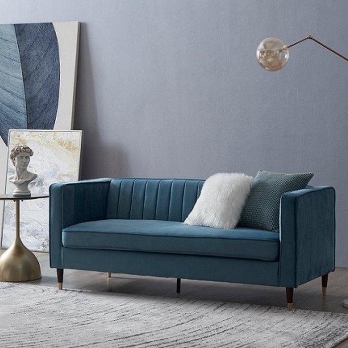 The Range | GRS Thom Velvet Fabric 3 Seater Sofa With Metal Tipped Legs - Blue Velvet GRS Thom Velvet Fabric 3 Seater Sofa With Metal Tipped Legs - Blue Velvet