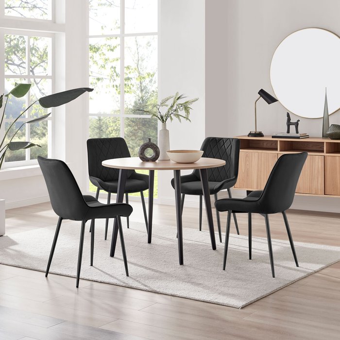 The Range | FurnitureboxUK Palma Beige Stone Effect Round Dining Table and 4 Arlon Gold Leg Chairs - Cream FurnitureboxUK Palma Beige Stone Effect Round Dining Table and 4 Arlon Gold Leg Chairs - Cream