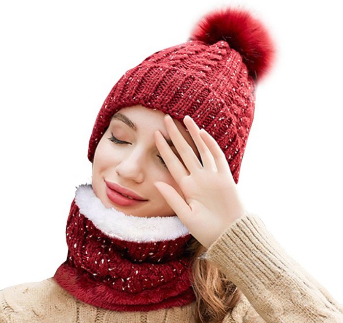 The Range | Soft Fleece Bobble Hat with Neck Warmer - Red Soft Fleece Bobble Hat with Neck Warmer - Red