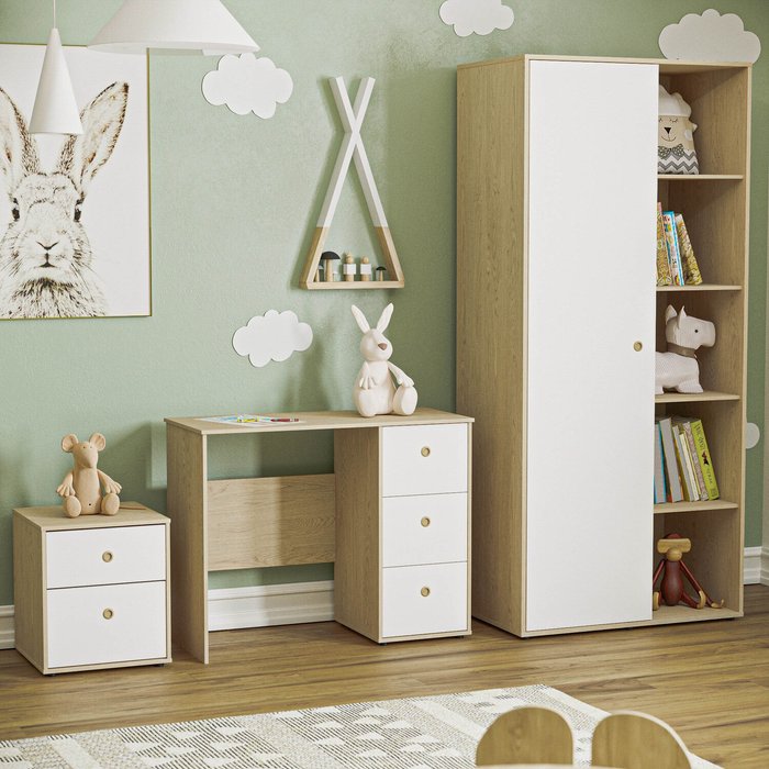 The Range | Neptune 3 Piece Bedroom Set - Desk, 2 Drawer Bedside Cabinet, Wardobe - White and Oak Neptune 3 Piece Bedroom Set - Desk, 2 Drawer Bedside Cabinet, Wardobe - White and Oak