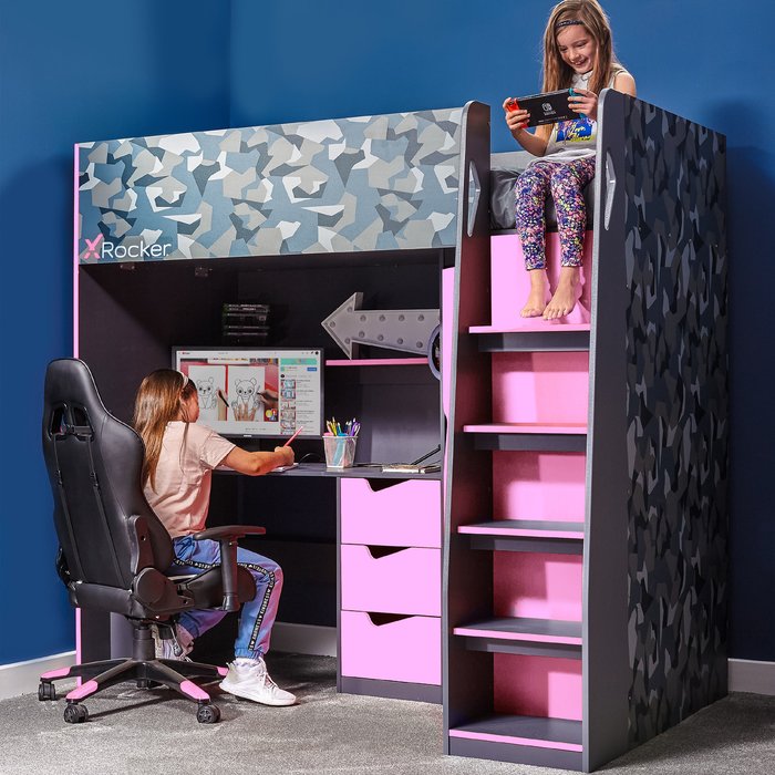 The Range | X Rocker Hideout Gaming High Sleeper Bed With Storage - Geo Camo pink X Rocker Hideout Gaming High Sleeper Bed With Storage - Geo Camo pink