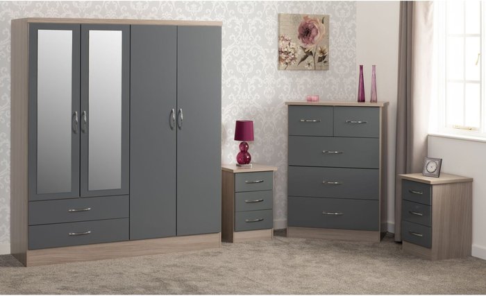 The Range | Seconique Nevada 4 Door 2 Drawer Mirrored Wardrobe Bedroom Set - Grey Gloss, Light Oak Seconique Nevada 4 Door 2 Drawer Mirrored Wardrobe Bedroom Set - Grey Gloss, Light Oak