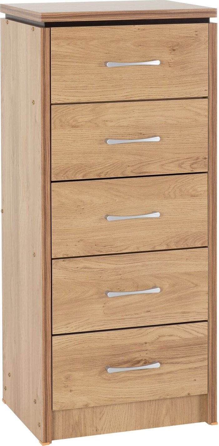 The Range | Seconique Charles 5 Drawer Narrow Chest Oak Effect Veneer with Walnut Trim - Oak Effect Veneer Seconique Charles 5 Drawer Narrow Chest Oak Effect Veneer with Walnut Trim - Oak Effect Veneer