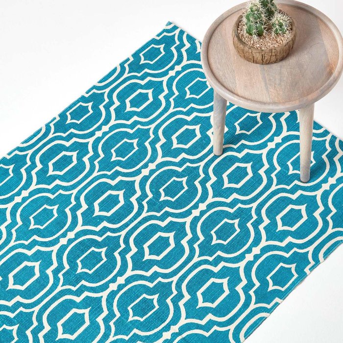 The Range | Homescapes Homescapes Riga Cotton Printed Patterned Rug - Teal Homescapes Homescapes Riga Cotton Printed Patterned Rug - Teal
