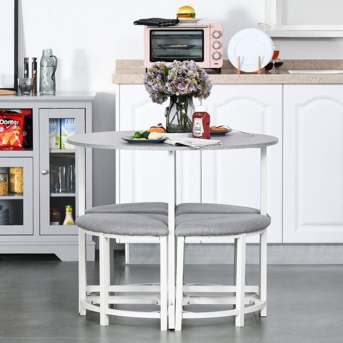 The Range | HOMCOM HOMCOM 5 Piece Modern Round Dining Table Set with 4 Upholstered Stools Grey And White HOMCOM HOMCOM 5 Piece Modern Round Dining Table Set with 4 Upholstered Stools Grey And White