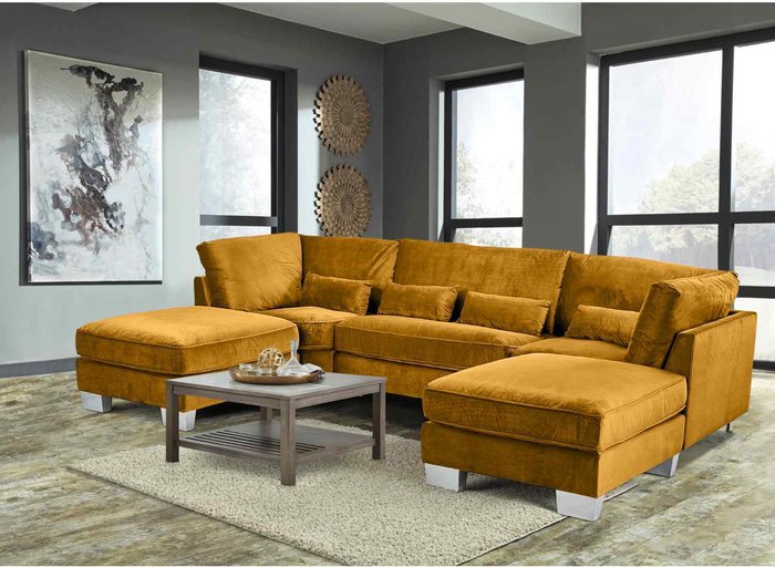The Range | Simply Eleganza Almora Full Back Corner U Shape Sofa Velour Fabric with 2 Footstools - Yellow Simply Eleganza Almora Full Back Corner U Shape Sofa Velour Fabric with 2 Footstools - Yellow