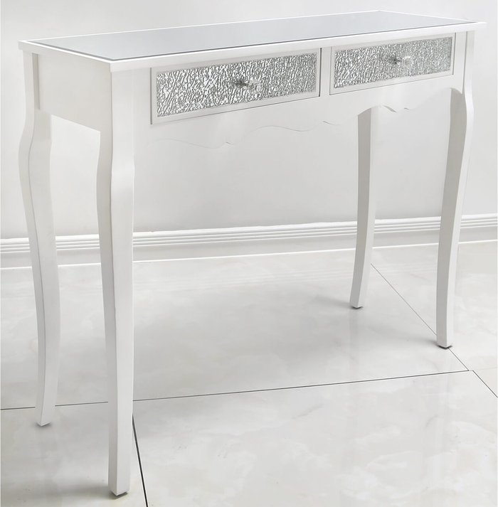 The Range | Vanity Living Console Table - Venice White Wood Glass Hallway Console Table with 2 Drawers - White Vanity Living Console Table - Venice White Wood Glass Hallway Console Table with 2 Drawers - White