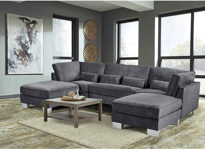 The Range | Simply Eleganza Almora Full Back Corner U Shape Sofa Velour Fabric with 2 Footstools - Grey Simply Eleganza Almora Full Back Corner U Shape Sofa Velour Fabric with 2 Footstools - Grey