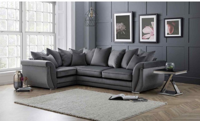 The Range | Simply Eleganza Luca Scatterback L Shape Left Hand Corner Sofa Velour Velvet Fabric with Beading - Grey Simply Eleganza Luca Scatterback L Shape Left Hand Corner Sofa Velour Velvet Fabric with Beading - Grey