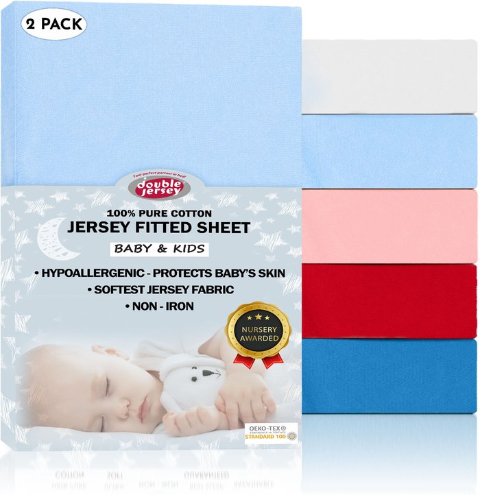 The Range | Double Jersey 60x120 cm Double Jersey - Baby Fitted Cot Crib Bed Sheets (Pack of 2) - Sky Blue Double Jersey 60x120 cm Double Jersey - Baby Fitted Cot Crib Bed Sheets (Pack of 2) - Sky Blue