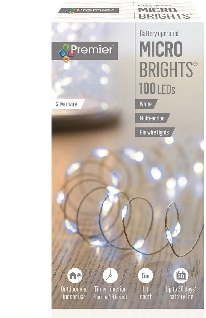 The Range | Premier 100 LED Wire Lights White Christmas String Micro Bright's Battery With Timer 5M - White Premier 100 LED Wire Lights White Christmas String Micro Bright's Battery With Timer 5M - White
