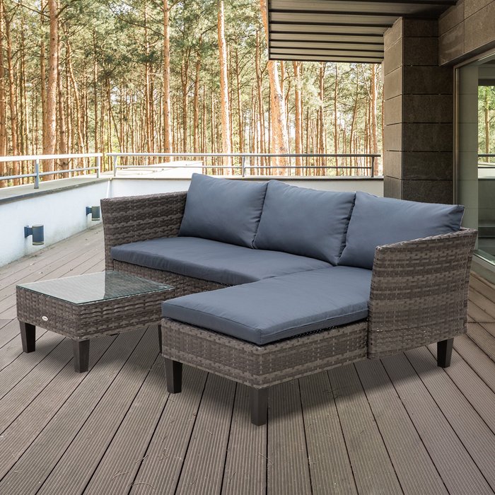 The Range | Outsunny Outsunny 3pc Garden Sofa PE Rattan Set w/ 2 Seats, Square Glass Top Coffee Table and Thick Cushions - Grey Outsunny Outsunny 3pc Garden Sofa PE Rattan Set w/ 2 Seats, Square Glass Top Coffee Table and Thick Cushions - Grey