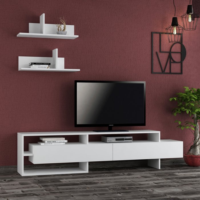 The Range | Decortie Gara Modern Tv Unit With Storage And Wall Shelf - White Decortie Gara Modern Tv Unit With Storage And Wall Shelf - White