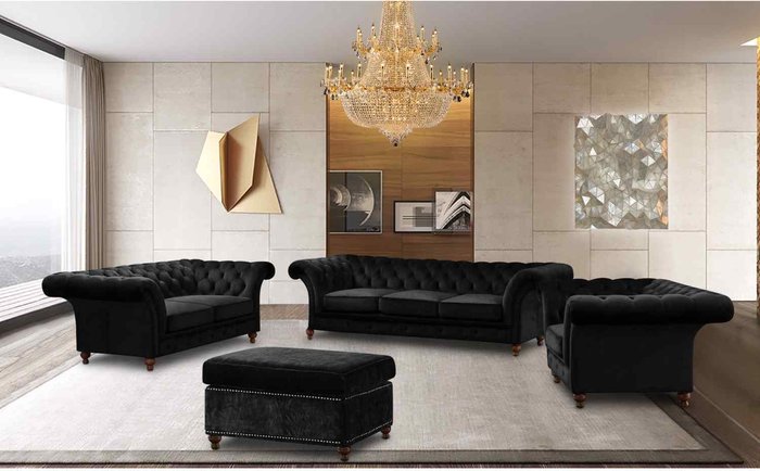 The Range | Simply Eleganza Marcus Chesterfield 4 Piece Sofa Set in Velour Fabric - Black Simply Eleganza Marcus Chesterfield 4 Piece Sofa Set in Velour Fabric - Black