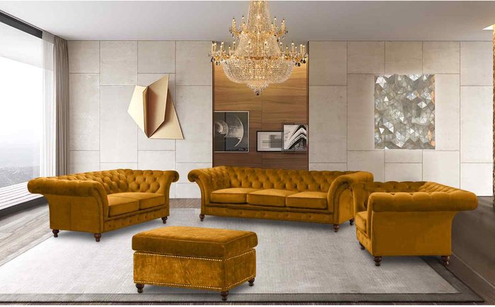 The Range | Simply Eleganza Marcus Chesterfield 4 Piece Sofa Set in Velour Fabric - Yellow Simply Eleganza Marcus Chesterfield 4 Piece Sofa Set in Velour Fabric - Yellow