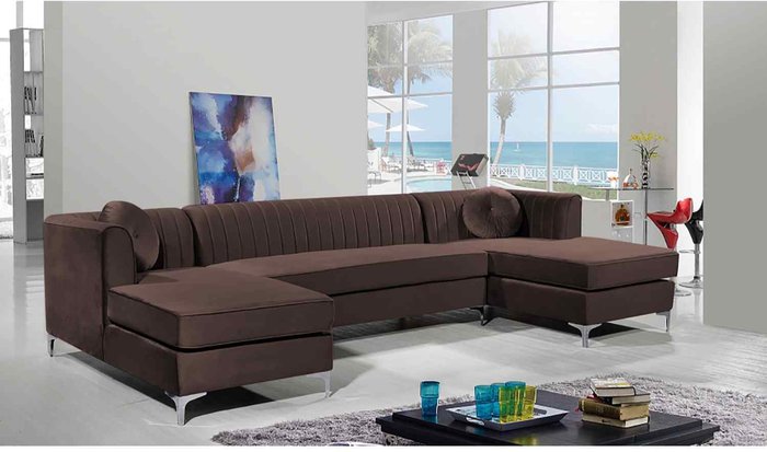 The Range | Simply Eleganza Nora Fixed Back Fluted Large U Shape Sofa - Brown Simply Eleganza Nora Fixed Back Fluted Large U Shape Sofa - Brown