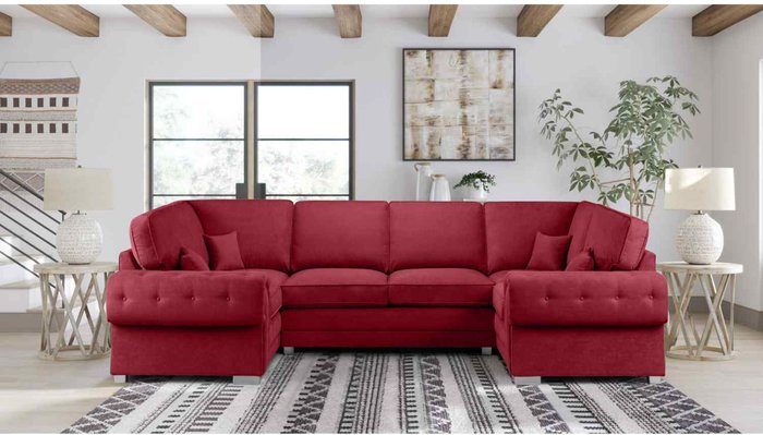 The Range | Simply Eleganza Volvo U Shape Large Sofa Full Back Velour Velvet Fabric - Red Simply Eleganza Volvo U Shape Large Sofa Full Back Velour Velvet Fabric - Red