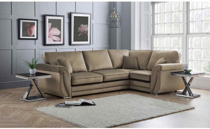 The Range | Simply Eleganza Luca Full Back L Shape Right Hand Corner Sofa Velvet Beading - Brown Simply Eleganza Luca Full Back L Shape Right Hand Corner Sofa Velvet Beading - Brown